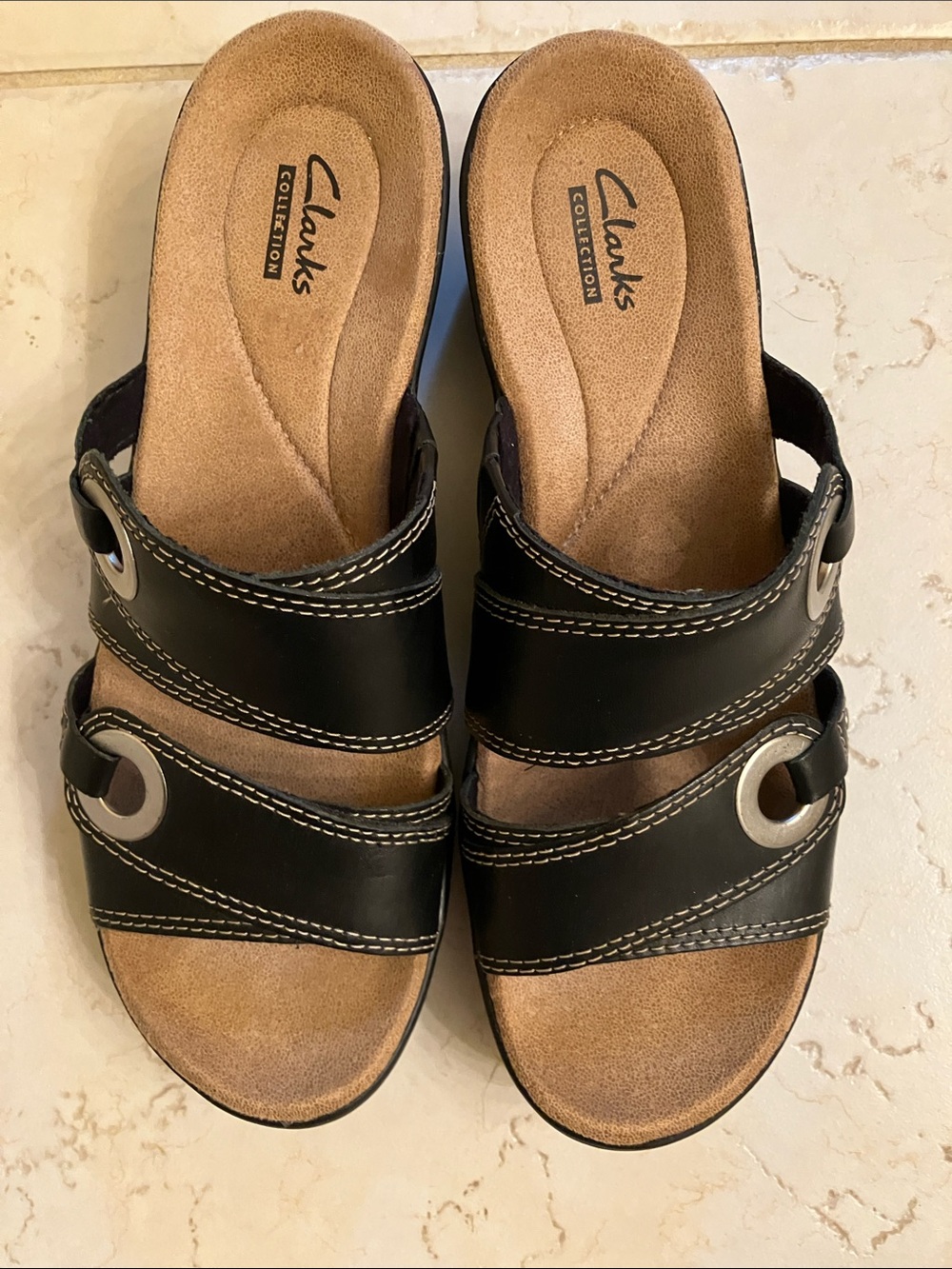 Clarks Black Double-strap Slide Sandals with Silver Eyelets